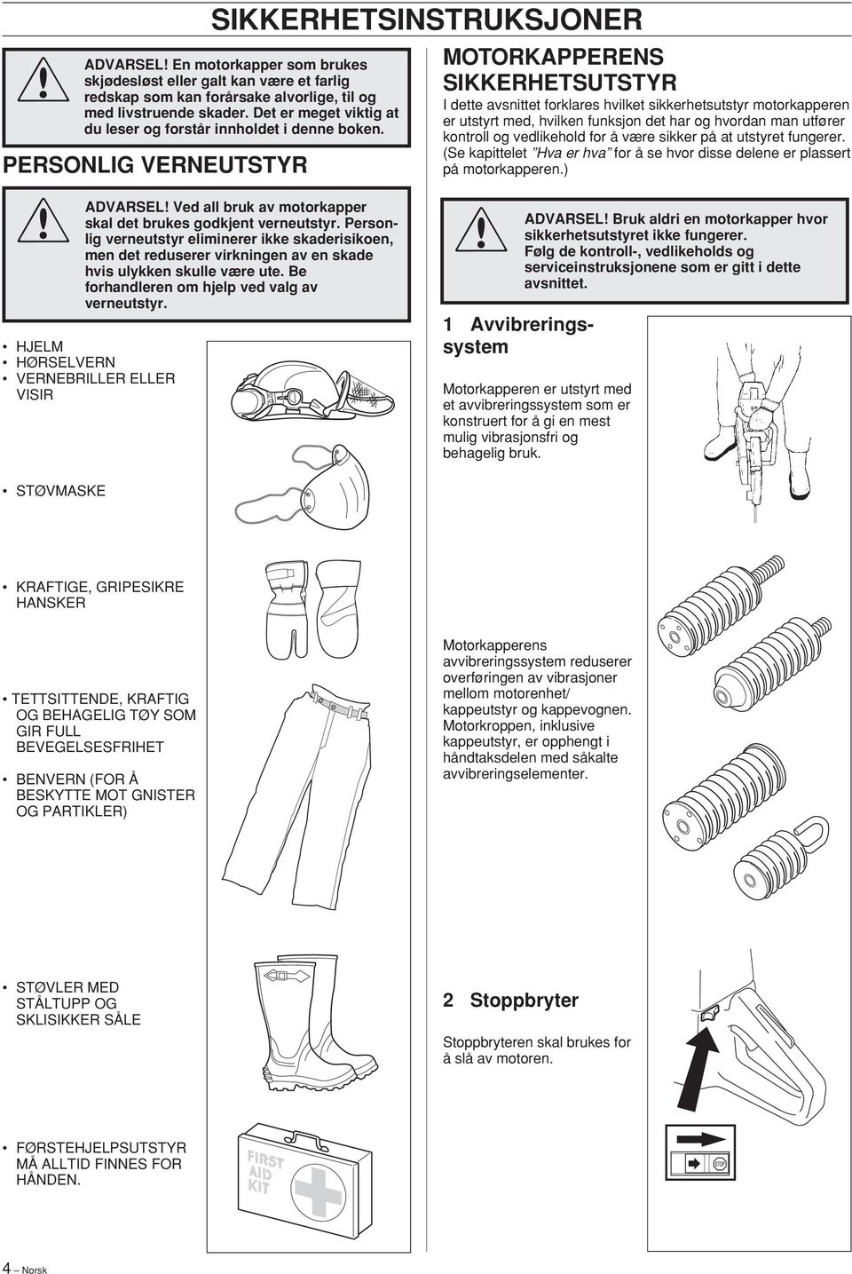 PERSONLIG VERNEUTSTYR MOTORKAPPERENS SIKKERHETSUTSTYR I dette avsnittet forklares hvilket sikkerhetsutstyr motorkapperen er utstyrt med, hvilken funksjon det har og hvordan man utfører kontroll og