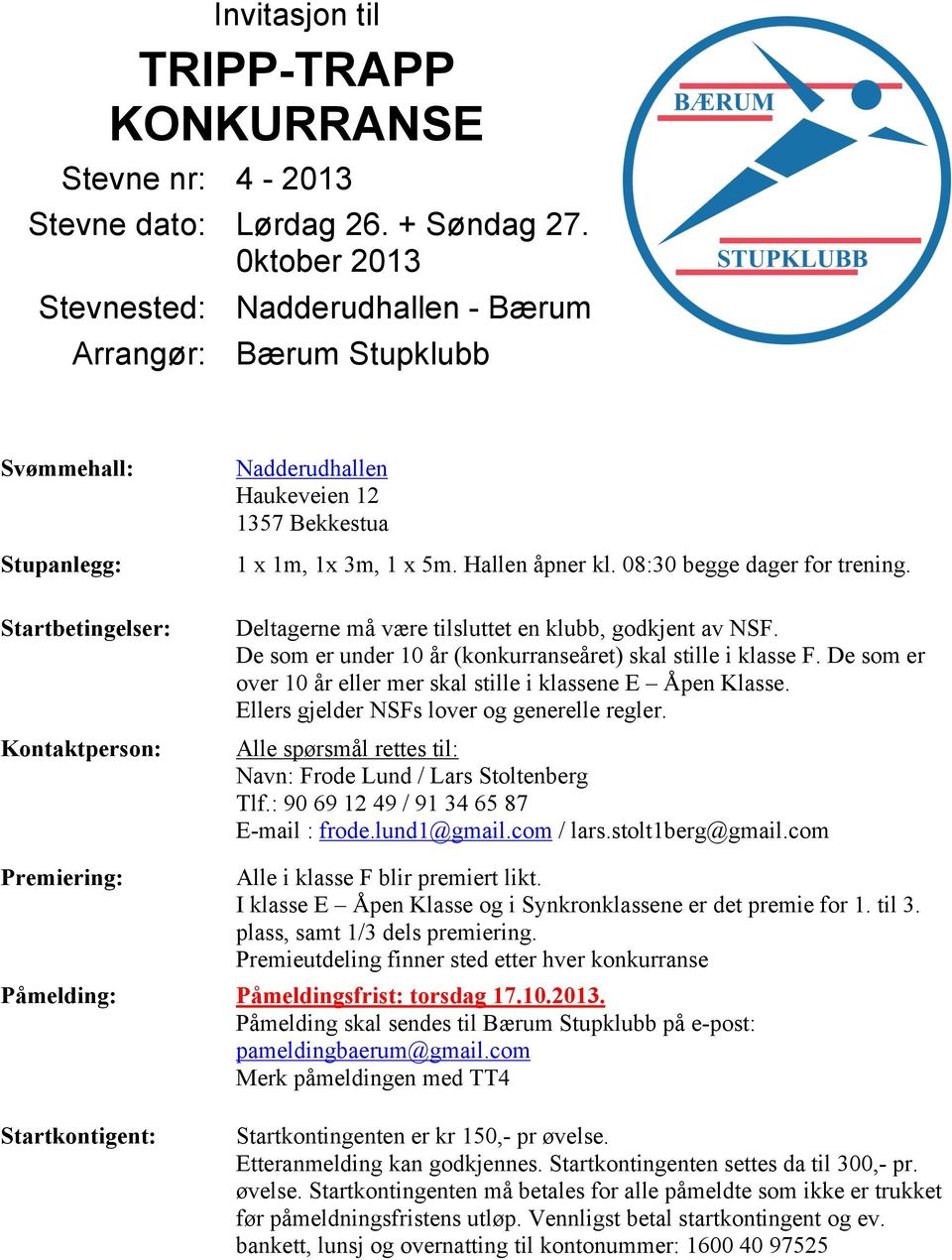 Hallen åpner kl. 08:30 begge dager for trening. Deltagerne må være tilsluttet en klubb, godkjent av NSF. De som er under 10 år (konkurranseåret) skal stille i klasse F.