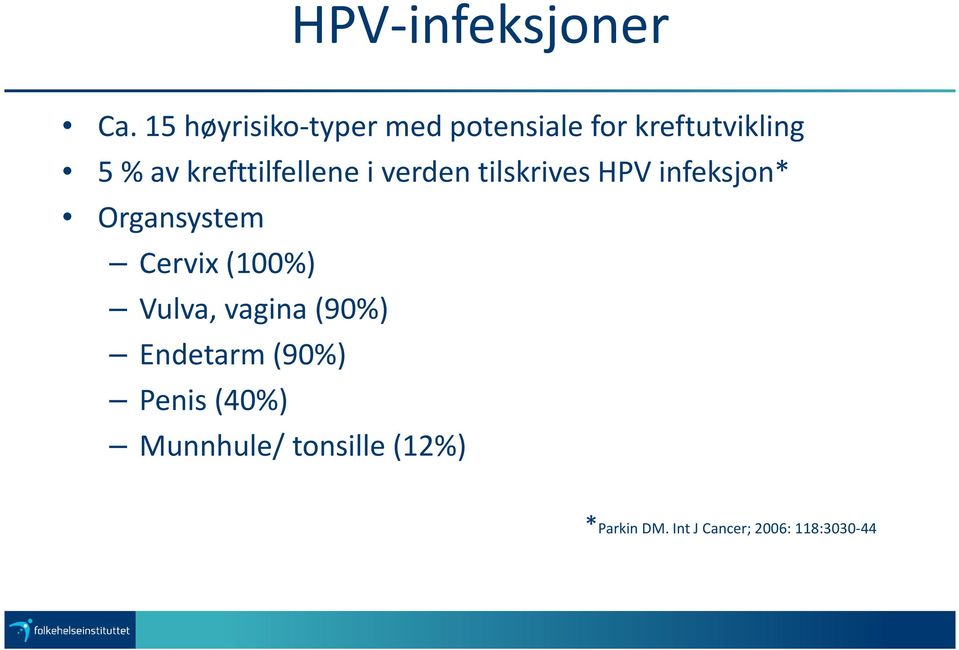 krefttilfellene i verden tilskrives HPV infeksjon* Organsystem