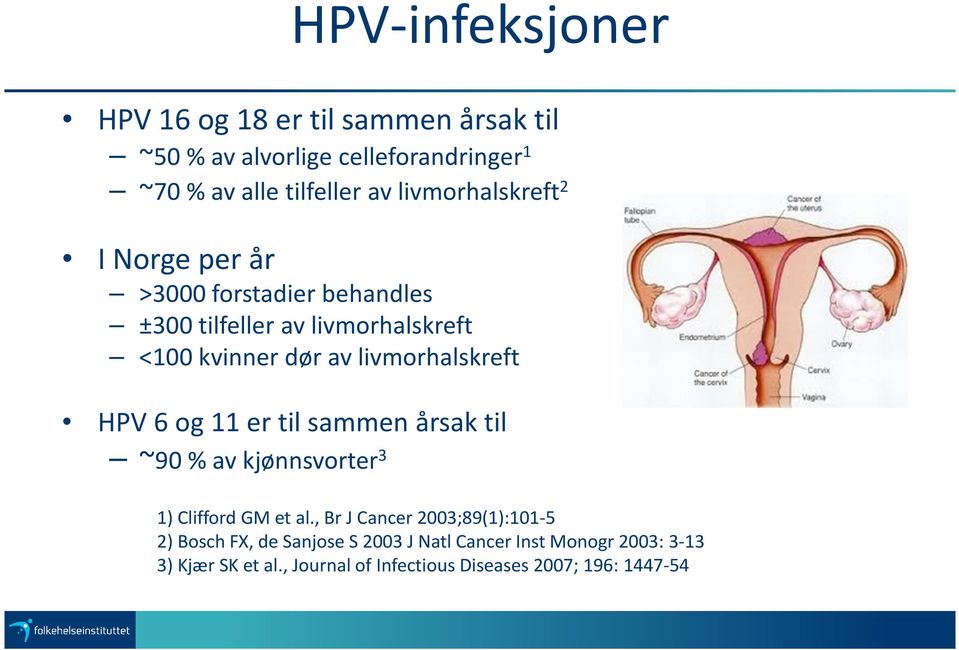 livmorhalskreft HPV 6 og 11 er til sammen årsak til ~90 % av kjønnsvorter 3 1) Clifford GM et al.