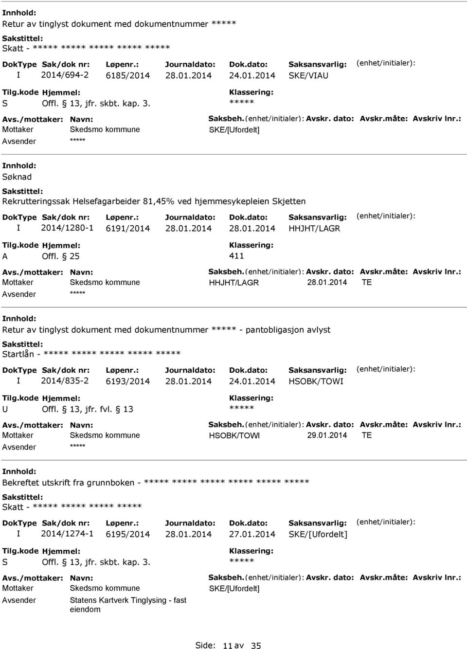 25 411 HHJHT/LAGR T nnhold: Retur av tinglyst dokument med dokumentnummer - pantobligasjon avlyst Startlån - 2014/835-2 6193/2014 24.01.2014 HSOBK/TOW HSOBK/TOW 29.