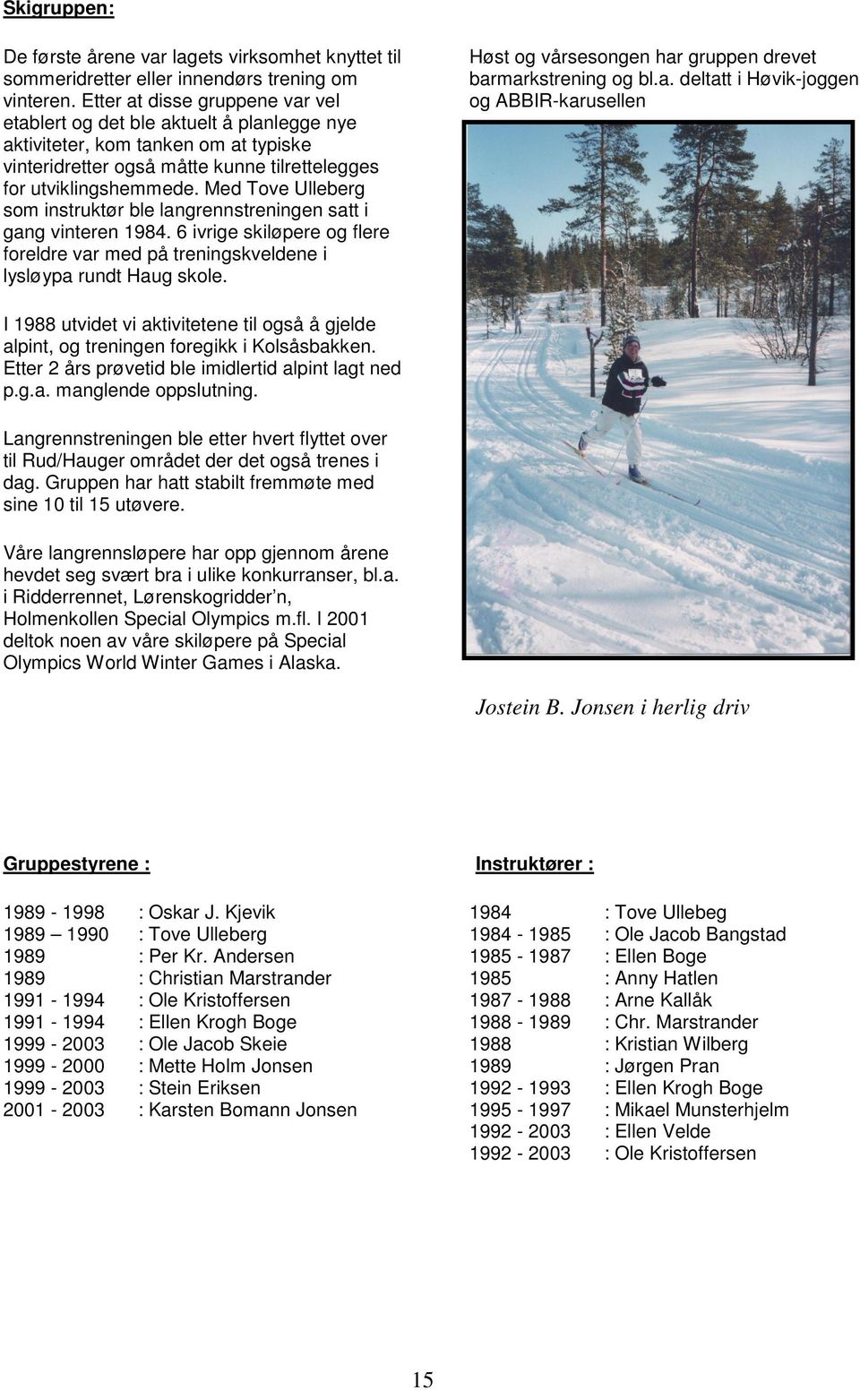 Med Tove Ulleberg som instruktør ble langrennstreningen satt i gang vinteren 1984. 6 ivrige skiløpere og flere foreldre var med på treningskveldene i lysløypa rundt Haug skole.
