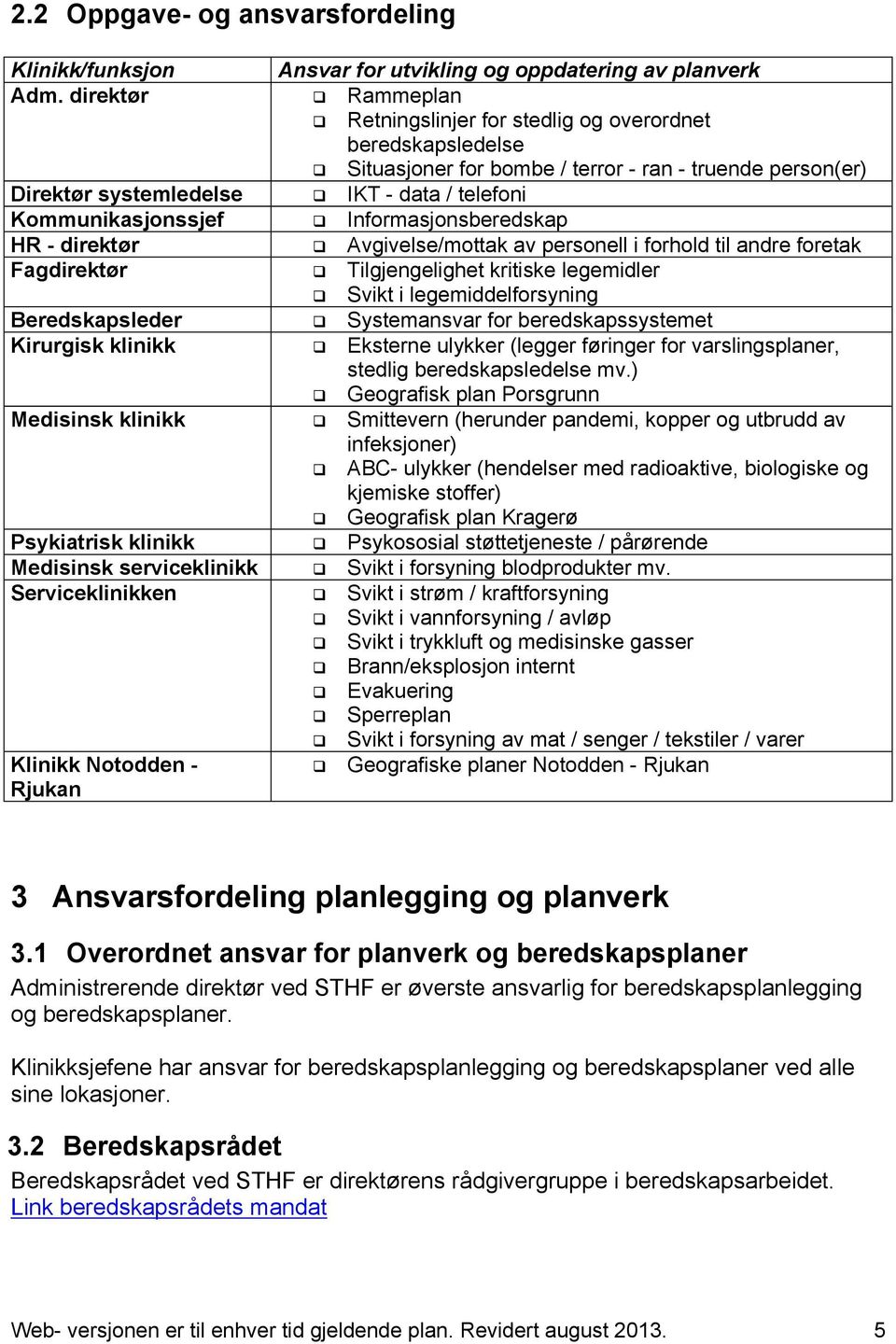 systemledelse IKT - data / telefoni Kommunikasjonssjef Informasjonsberedskap HR - direktør Avgivelse/mottak av personell i forhold til andre foretak Fagdirektør Tilgjengelighet kritiske legemidler