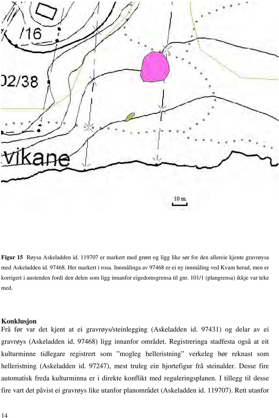 Konklusjon Frå før var det kjent at ei gravrøys/steinlegging (Askeladden id. 97431) og delar av ei gravrøys (Askeladden id. 97468) ligg innanfor området.