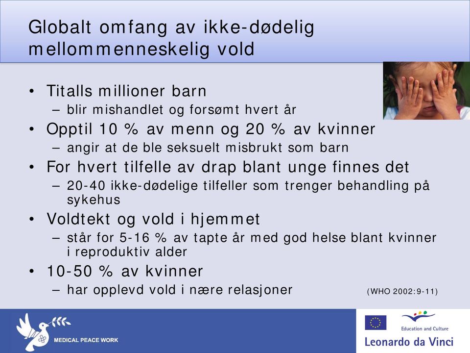 det 20-40 ikke-dødelige tilfeller som trenger behandling på sykehus Voldtekt og vold i hjemmet står for 5-16 % av tapte