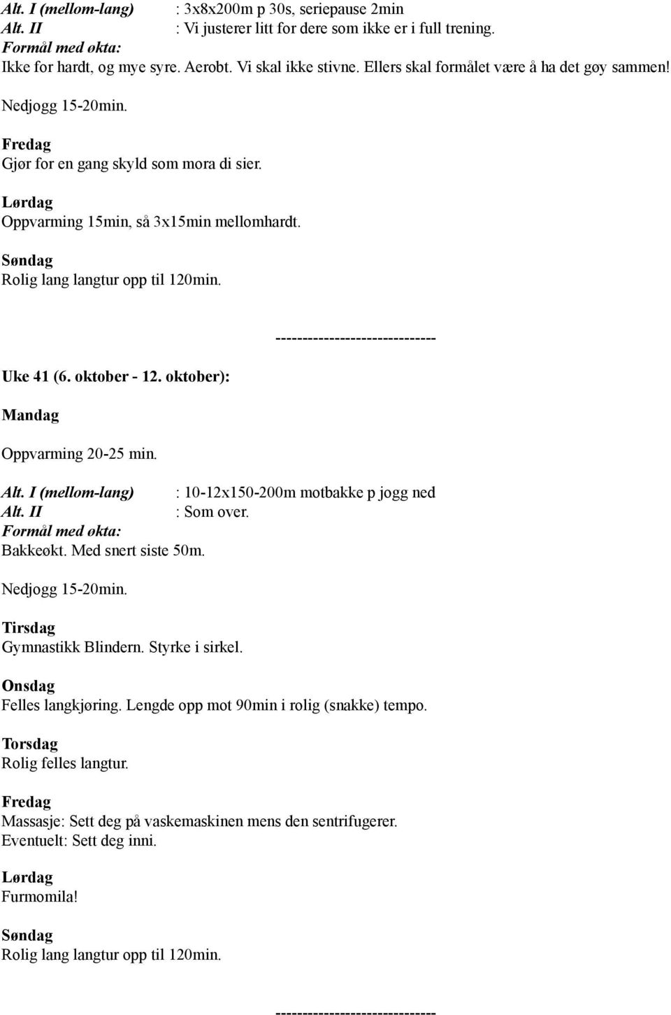 Oppvarming 15min, så 3x15min mellomhardt. Uke 41 (6. oktober - 12.