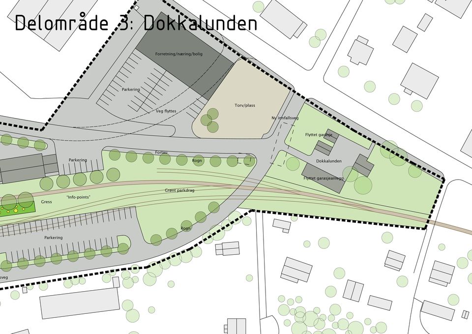 Torv/plass Ny innfallsveg Flyttet garasje