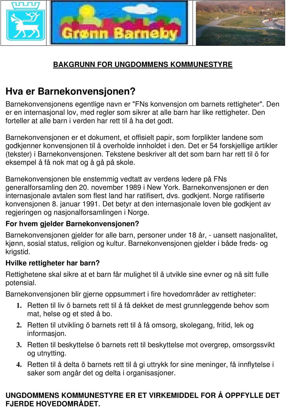 Barnekonvensjonen er et dokument, et offisielt papir, som forplikter landene som godkjenner konvensjonen til å overholde innholdet i den. Det er 54 forskjellige artikler (tekster) i Barnekonvensjonen.