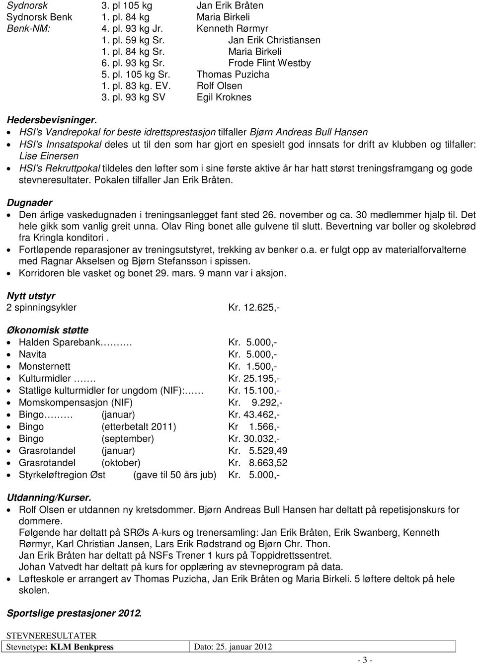 HSI s Vandrepokal for beste idrettsprestasjon tilfaller Bjørn Andreas Bull Hansen HSI s Innsatspokal deles ut til den som har gjort en spesielt god innsats for drift av klubben og tilfaller: Lise