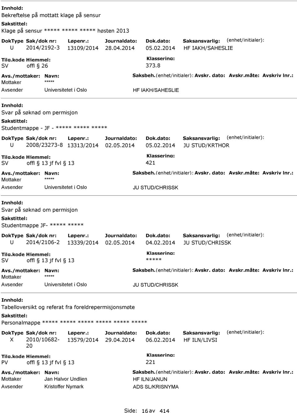 2014 421 J STD/KRTHOR niversitetet i Oslo J STD/CHRSSK Svar på søknad om permisjon Studentmappe JF- ***** ***** 2014/2106-2 13339/2014 04.02.