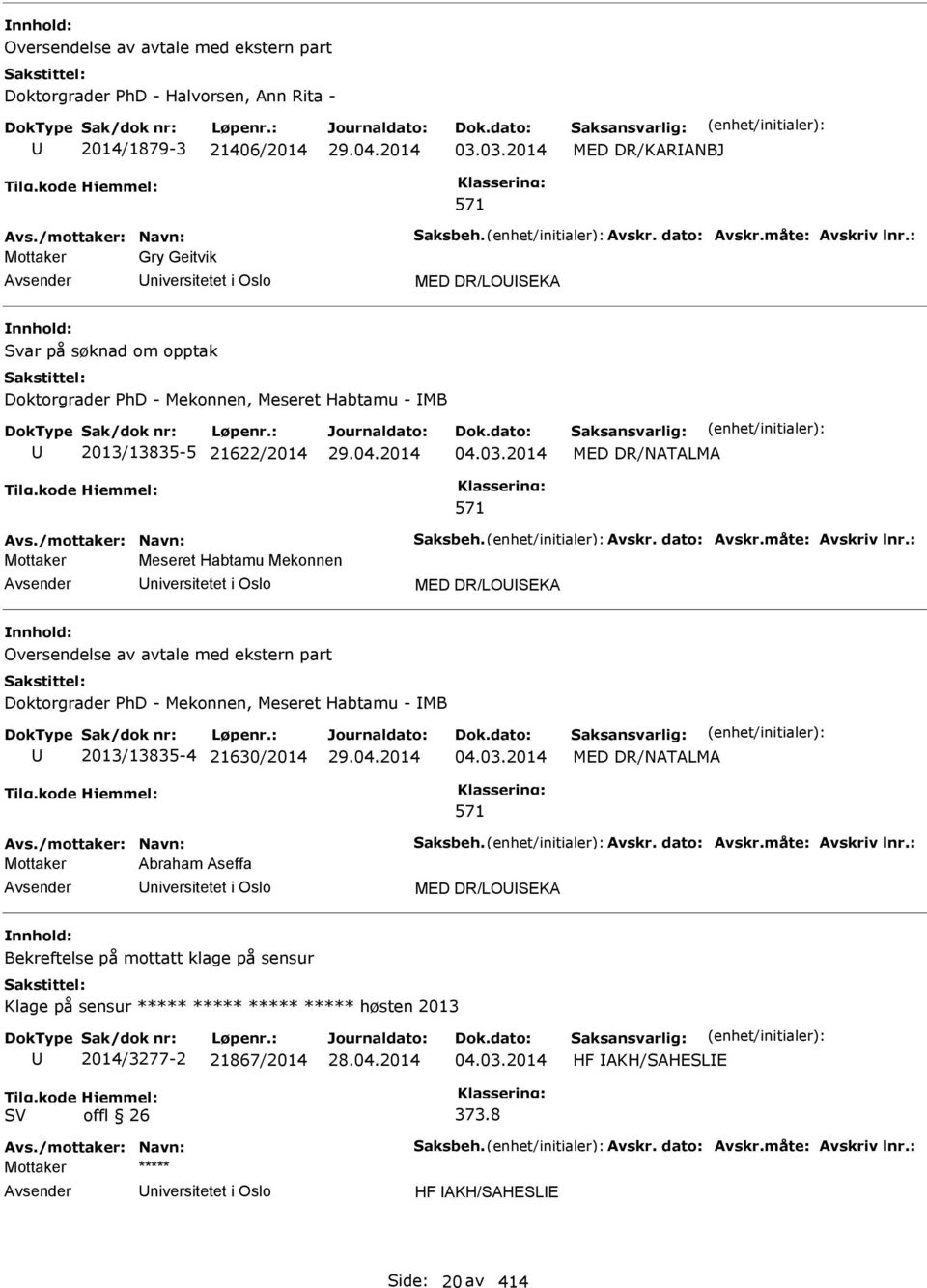 DR/NATALMA Mottaker Meseret Habtamu Mekonnen niversitetet i Oslo MED DR/LOSEKA Oversendelse av avtale med ekstern part Doktorgrader PhD - Mekonnen, Meseret Habtamu - MB 2013/13835-4 21630/2014 04.