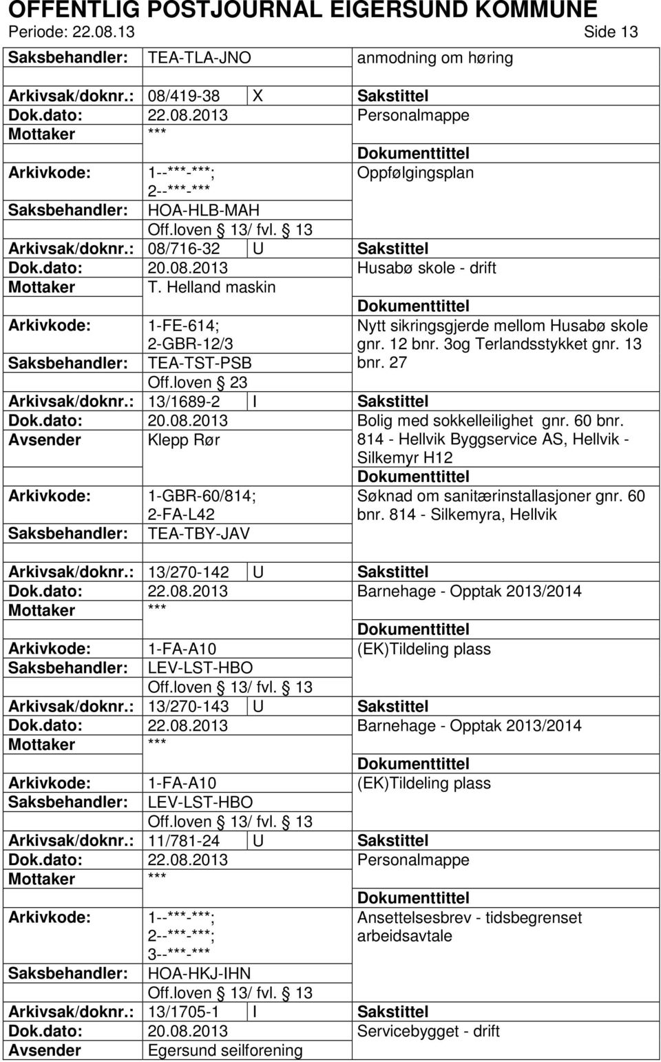 27 Off.loven 23 Arkivsak/doknr.: 13/1689-2 I Sakstittel Dok.dato: 20.08.2013 Bolig med sokkelleilighet gnr. 60 bnr.