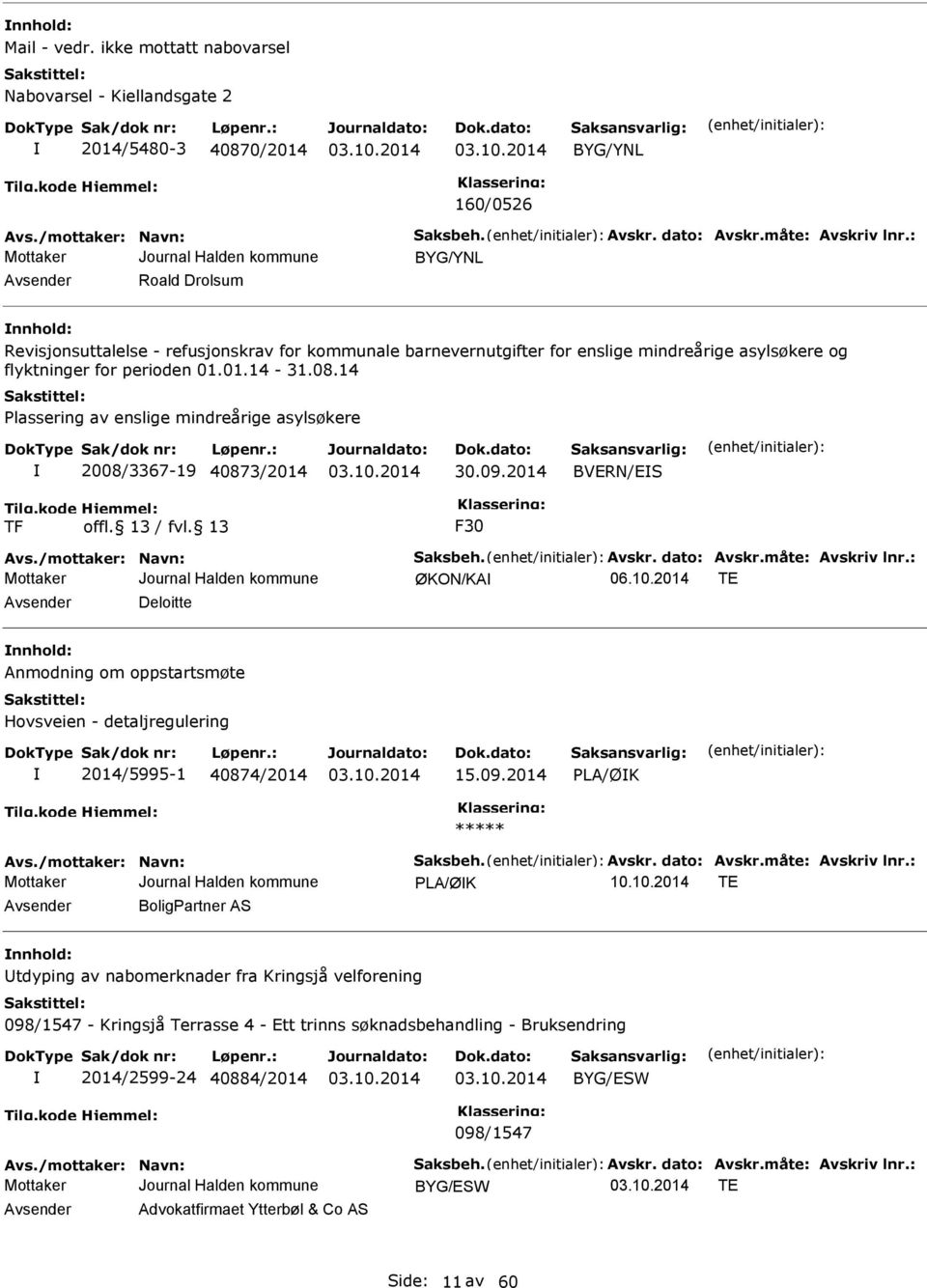 14 Plassering av enslige mindreårige asylsøkere 2008/3367-19 40873/2014 30.09.2014 BVERN/ES TF F30 Avs./mottaker: Navn: Saksbeh. Avskr. dato: Avskr.måte: Avskriv lnr.