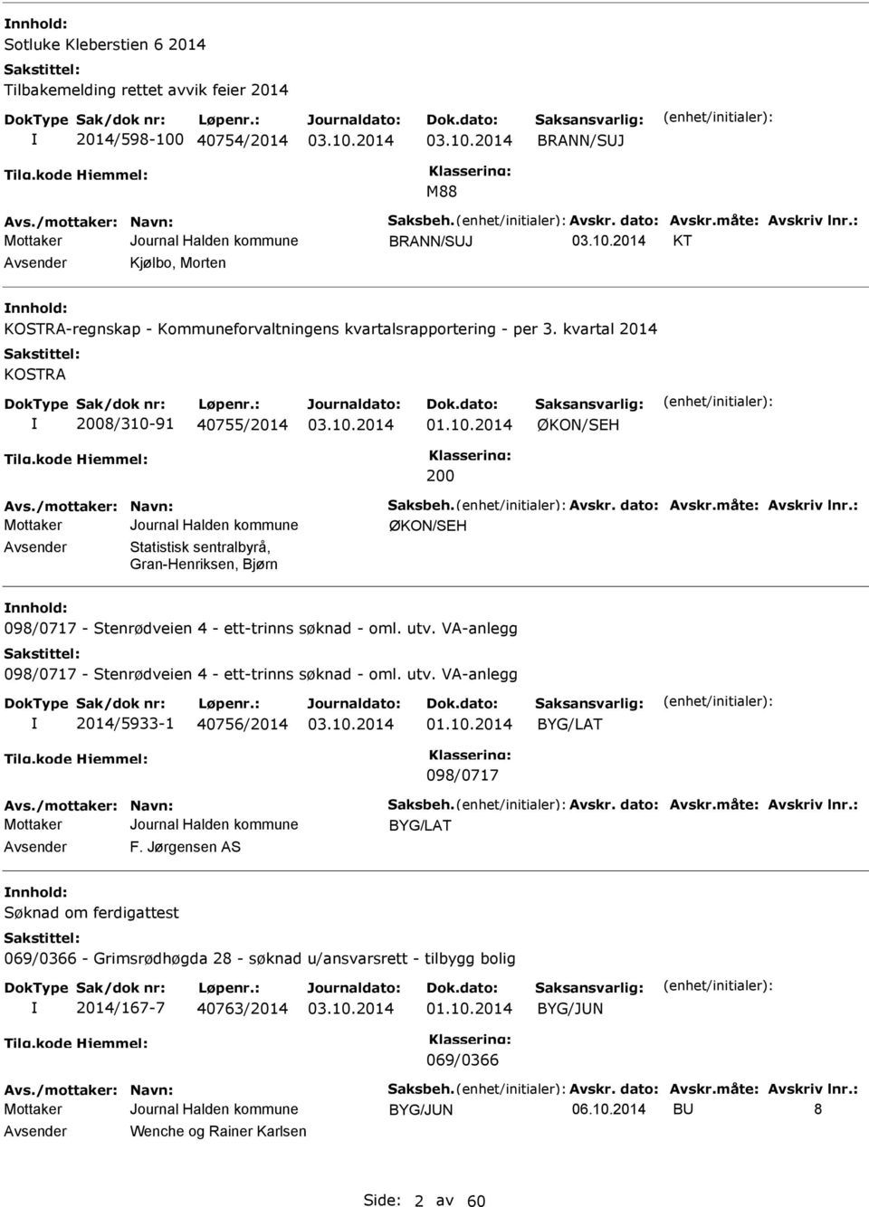 /mottaker: Navn: Saksbeh. Avskr. dato: Avskr.måte: Avskriv lnr.: ØKON/SEH Avsender Statistisk sentralbyrå, Gran-Henriksen, Bjørn nnhold: 098/0717 - Stenrødveien 4 - ett-trinns søknad - oml. utv.