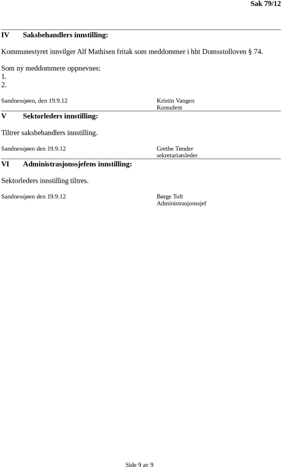 9.12 V Sektorleders innstilling: Kristin Vangen Konsulent Tiltrer saksbehandlers innstilling. Sandnessjøen den 19.9.12 VI Administrasjonssjefens innstilling: Grethe Tønder sekretariatsleder Sektorleders innstilling tiltres.