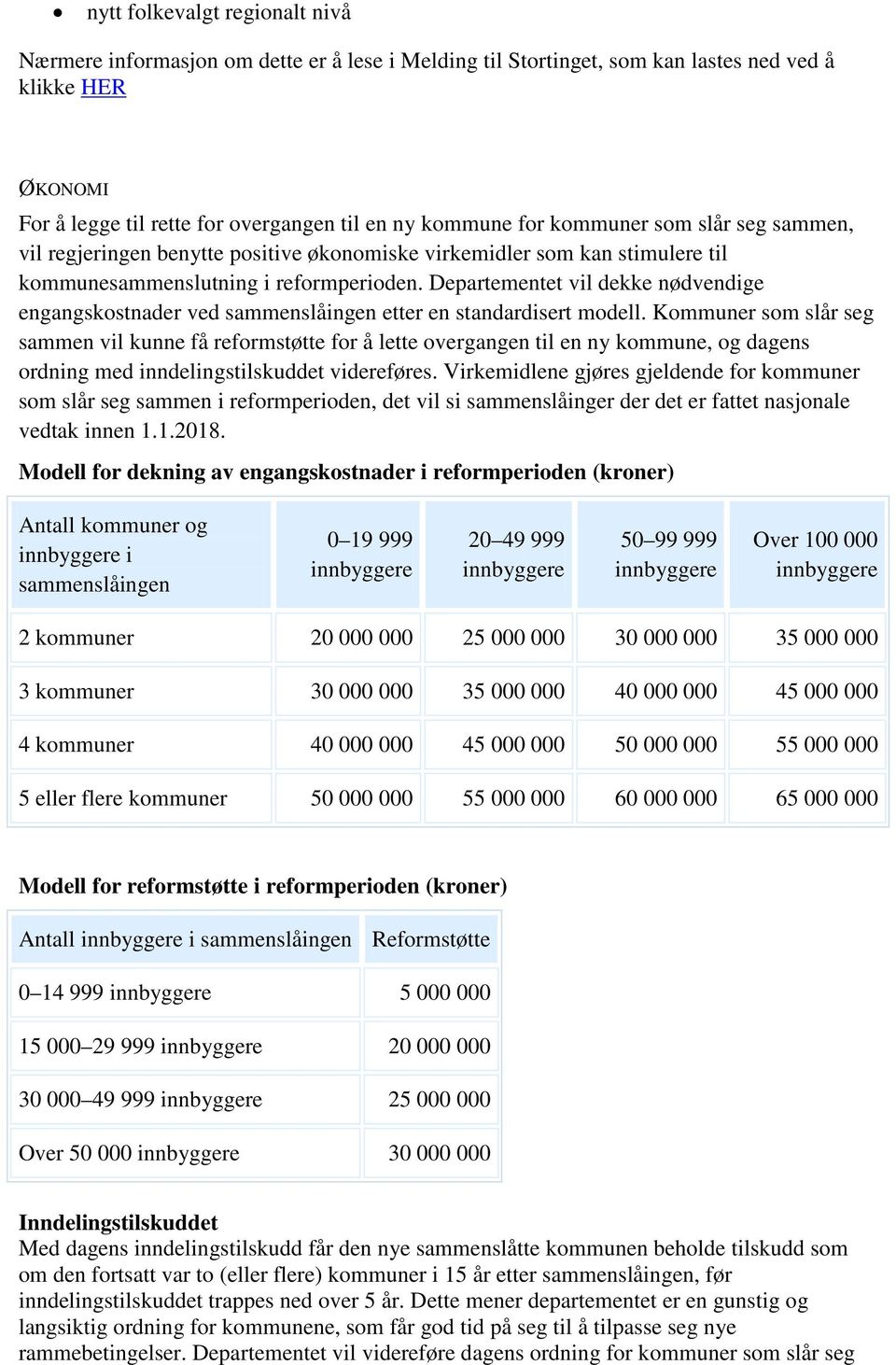 Departementet vil dekke nødvendige engangskostnader ved sammenslåingen etter en standardisert modell.