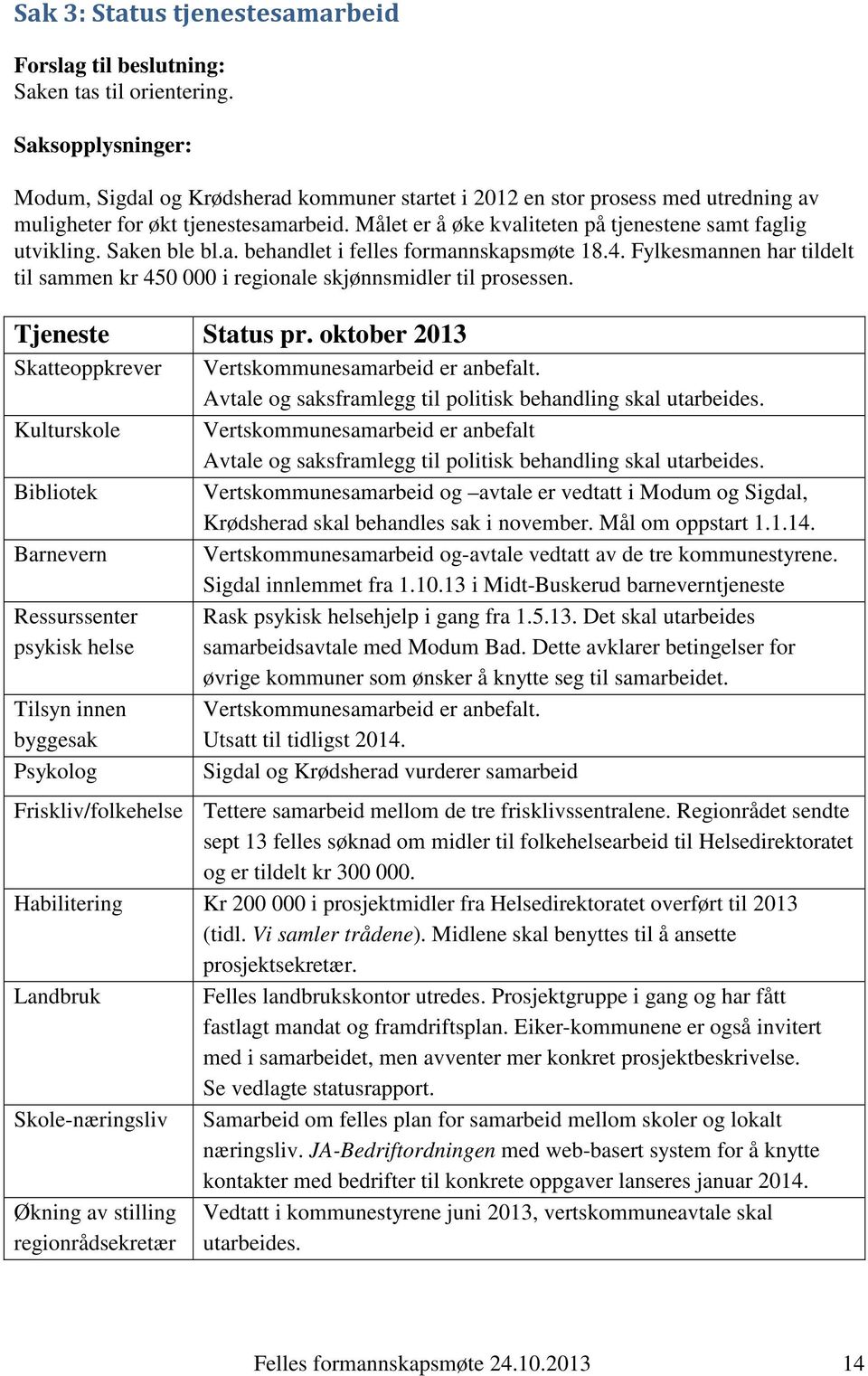 Målet er å øke kvaliteten på tjenestene samt faglig utvikling. Saken ble bl.a. behandlet i felles formannskapsmøte 18.4.