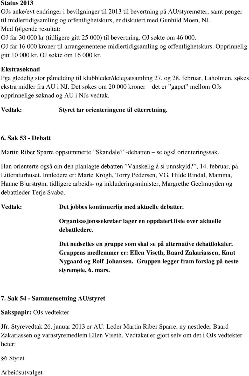 Opprinnelig gitt 10 000 kr. OJ søkte om 16 000 kr. Ekstrasøknad Pga gledelig stor påmelding til klubbleder/delegatsamling 27. og 28. februar, Laholmen, søkes ekstra midler fra AU i NJ.