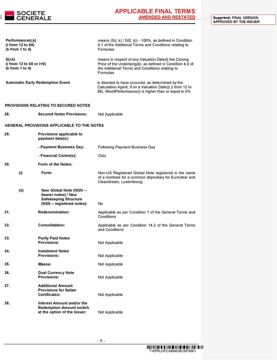 0 of the Additional Terms and Conditions relating to Formulae is deemed to have occurred, as determined by the Calculation Agent, if on a Valuation Date(i) (i from 12 to 59), WorstPerformance(i) is