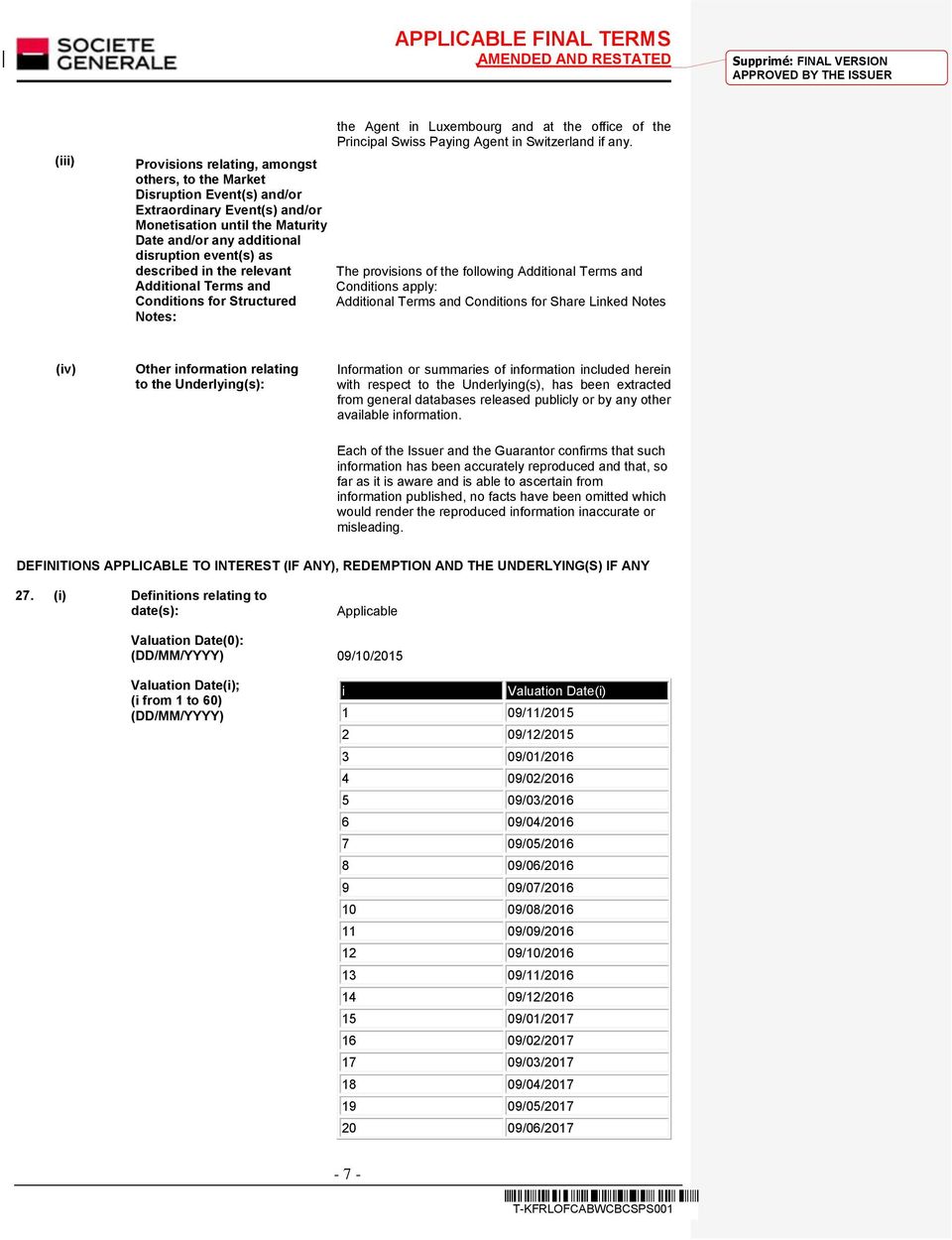 The provisions of the following Additional Terms and Conditions apply: Additional Terms and Conditions for Share Linked Notes (iv) Other information relating to the Underlying(s): Information or