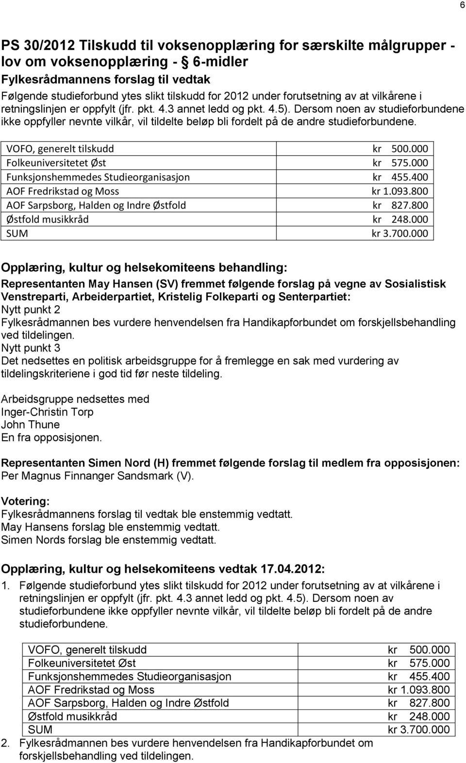 VOFO, generelt tilskudd kr 500.000 Folkeuniversitetet Øst kr 575.000 Funksjonshemmedes Studieorganisasjon kr 455.400 AOF Fredrikstad og Moss kr 1.093.800 AOF Sarpsborg, Halden og Indre Østfold kr 827.