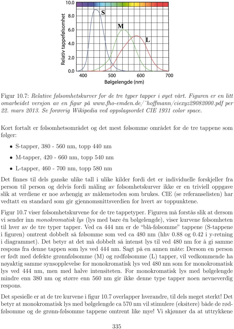 Kort fortalt er følsomhetsområdet og det mest følsomme området for de tre tappene som følger: S-tapper, 380-560 nm, topp 440 nm M-tapper, 420-660 nm, topp 540 nm L-tapper, 460-700 nm, topp 580 nm Det