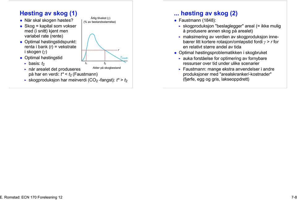 høstingstid T maxb basis: t 2 når arealet det produseres t 1 t 2 Alder på skogbestand på har en verdi: t* < t 2 (Faustmann) skogproduksjon har meirverdi (CO 2 -fangst): t* > t 2 r.