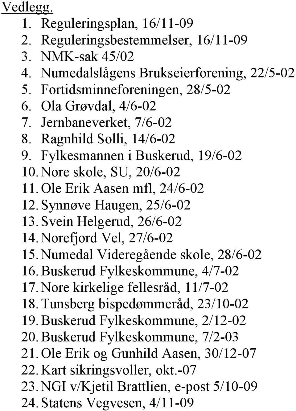 Svein Helgerud, 26/6-02 14. Norefjord Vel, 27/6-02 15. Numedal Videregående skole, 28/6-02 16. Buskerud Fylkeskommune, 4/7-02 17. Nore kirkelige fellesråd, 11/7-02 18.