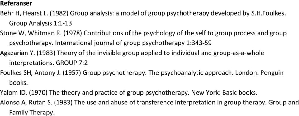 (1983) Theory of the invisible group applied to individual and group-as-a-whole interpretations. GROUP 7:2 Foulkes SH, Antony J. (1957) Group psychotherapy.