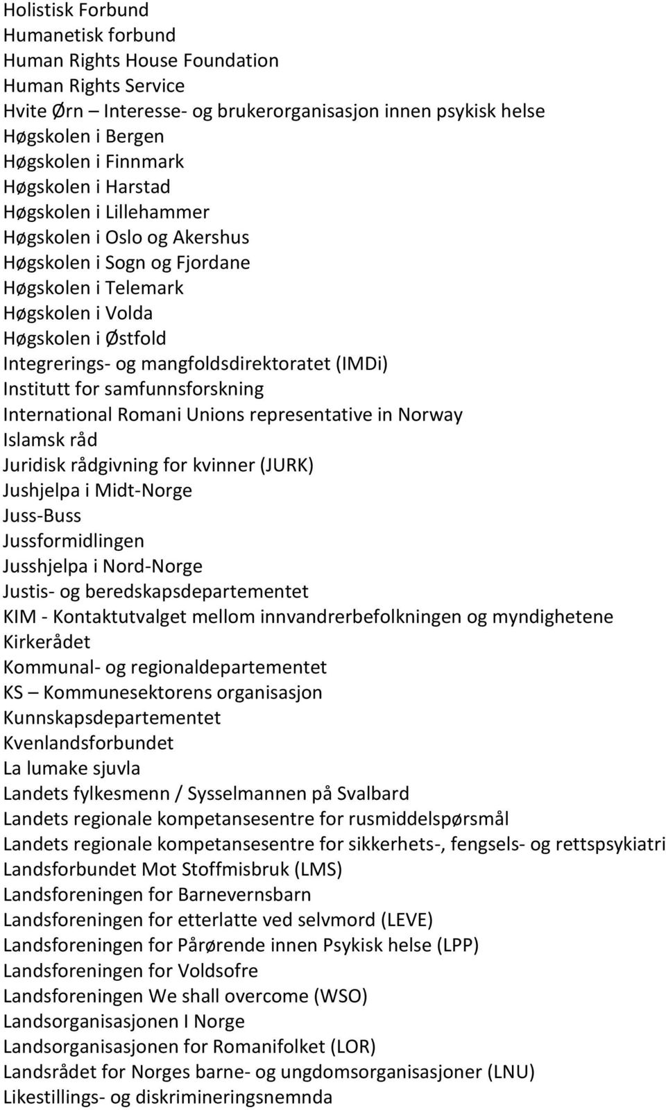 (IMDi) Institutt for samfunnsforskning International Romani Unions representative in Norway Islamsk råd Juridisk rådgivning for kvinner (JURK) Jushjelpa i Midt-Norge Juss-Buss Jussformidlingen