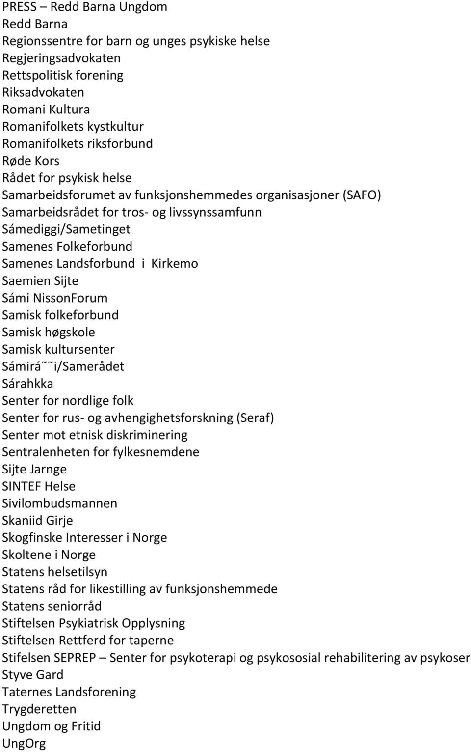 Samenes Landsforbund i Kirkemo Saemien Sijte Sámi NissonForum Samisk folkeforbund Samisk høgskole Samisk kultursenter Sámirá i/samerådet Sárahkka Senter for nordlige folk Senter for rus- og