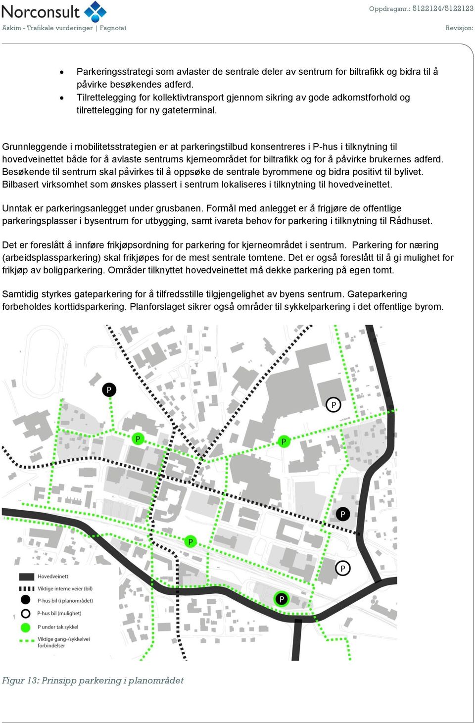 Grunnleggende i mobilitetsstrategien er at parkeringstilbud konsentreres i P-hus i tilknytning til hovedveinettet både for å avlaste sentrums kjerneområdet for biltrafikk og for å påvirke brukernes
