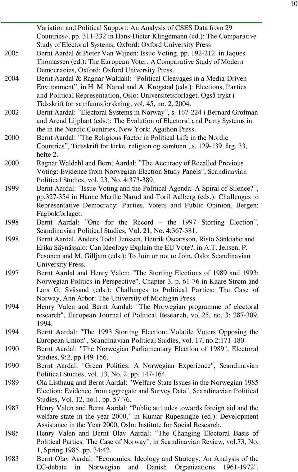 A Comparative Study of Modern Democracies, Oxford: Oxford University Press. 2004 Bernt Aardal & Ragnar Waldahl: Political Cleavages in a Media-Driven Environment, in H. M. Narud and A. Krogstad (eds.