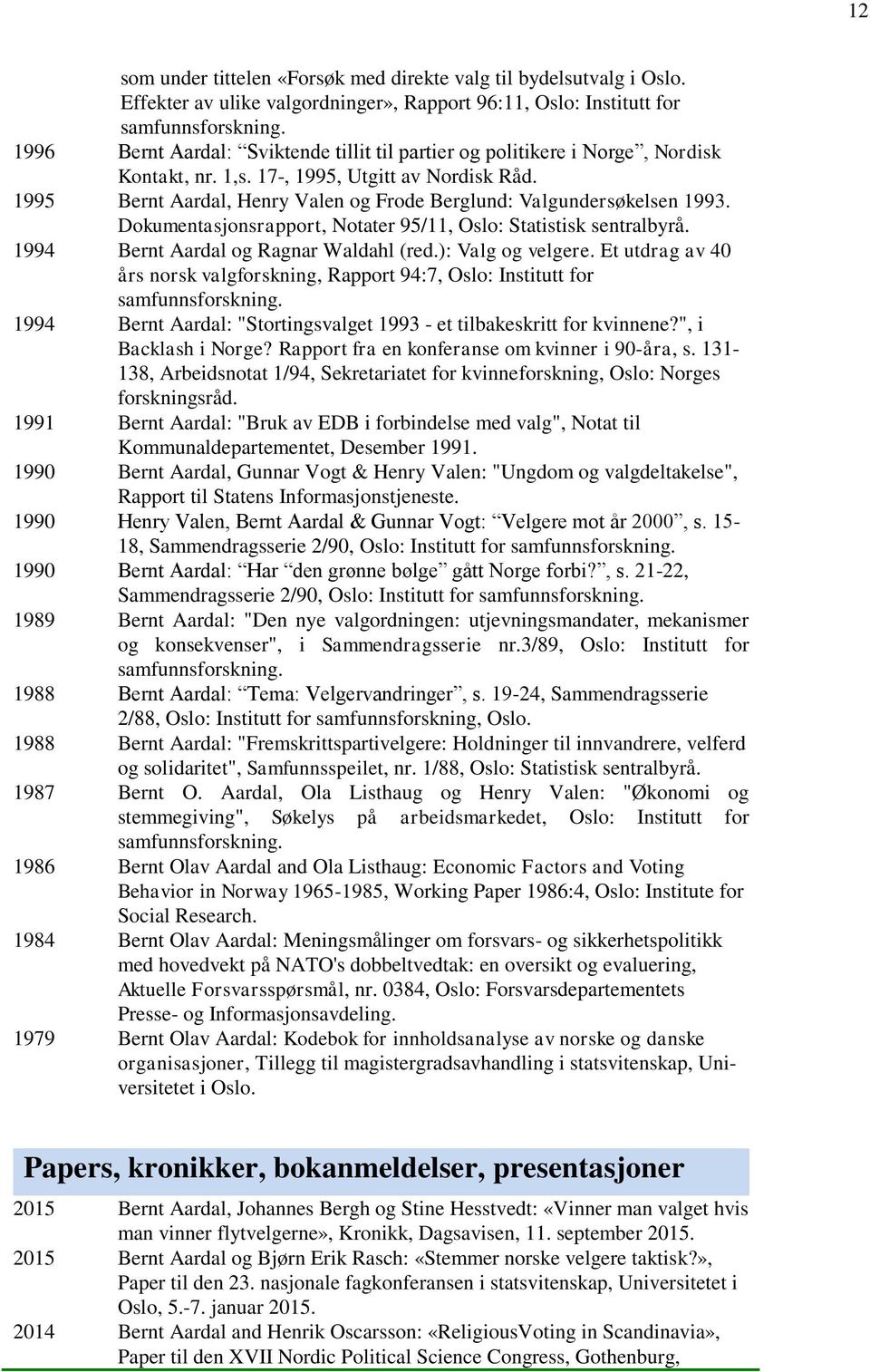 1995 Bernt Aardal, Henry Valen og Frode Berglund: Valgundersøkelsen 1993. Dokumentasjonsrapport, Notater 95/11, Oslo: Statistisk sentralbyrå. 1994 Bernt Aardal og Ragnar Waldahl (red.