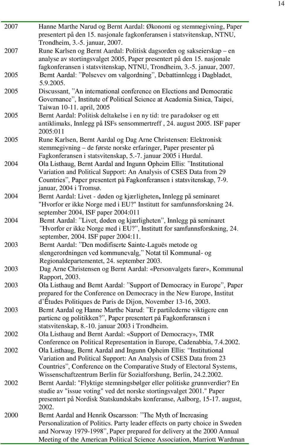 januar, 2007. 2005 Bernt Aardal: Pølsevev om valgordning, Debattinnlegg i Dagbladet, 5.9.2005. 2005 Discussant, An international conference on Elections and Democratic Governance, Institute of Political Science at Academia Sinica, Taipei, Taiwan 10-11.