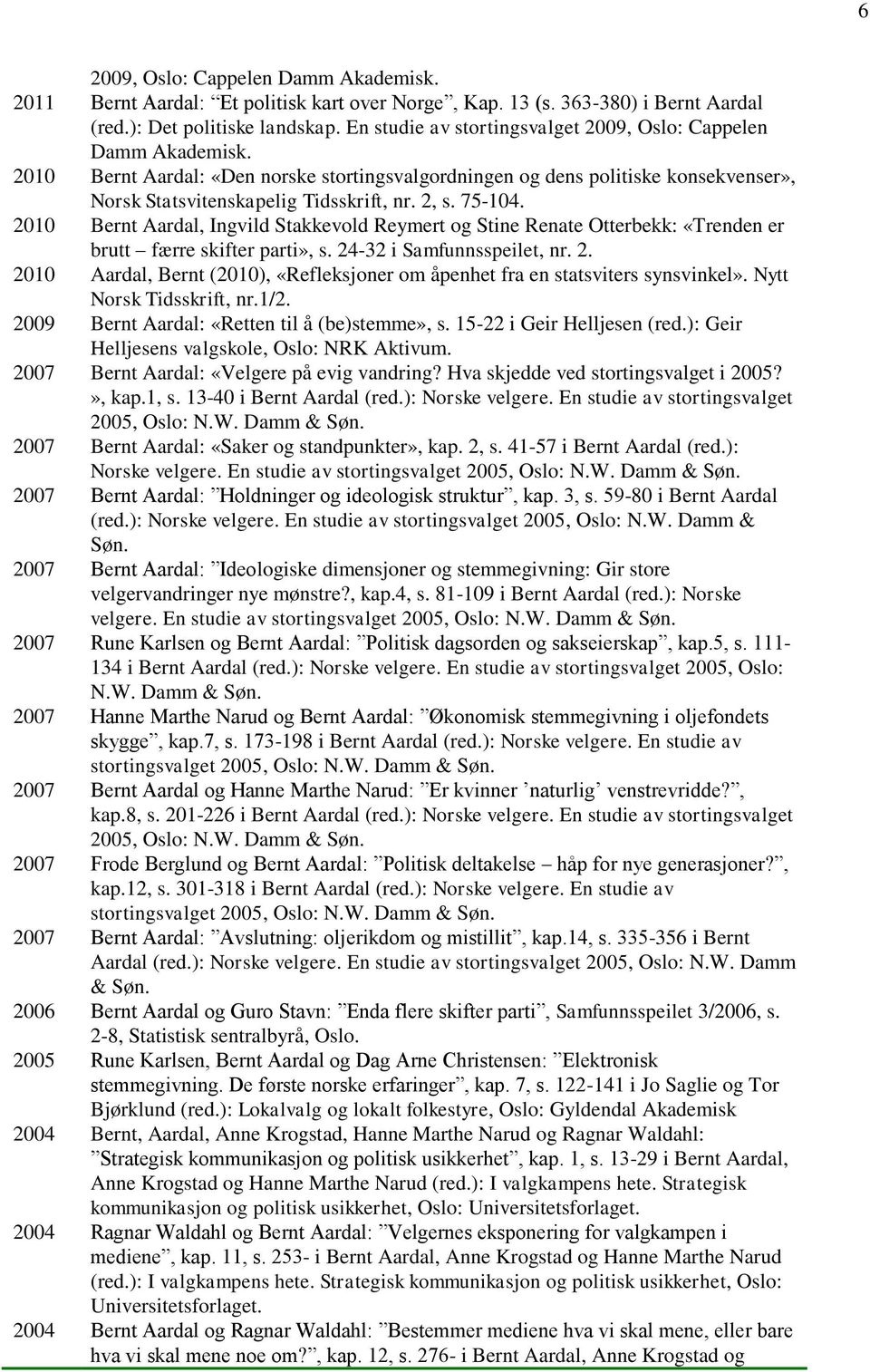 75-104. 2010 Bernt Aardal, Ingvild Stakkevold Reymert og Stine Renate Otterbekk: «Trenden er brutt færre skifter parti», s. 24-32 i Samfunnsspeilet, nr. 2. 2010 Aardal, Bernt (2010), «Refleksjoner om åpenhet fra en statsviters synsvinkel».