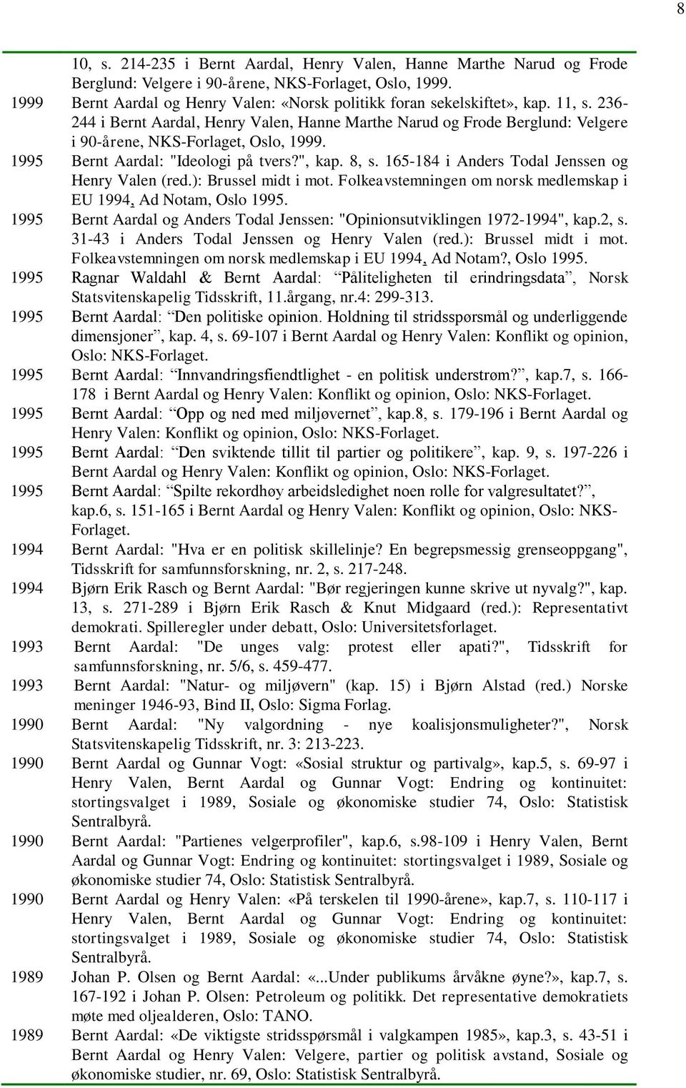 236-244 i Bernt Aardal, Henry Valen, Hanne Marthe Narud og Frode Berglund: Velgere i 90-årene, NKS-Forlaget, Oslo, 1999. 1995 Bernt Aardal: "Ideologi på tvers?", kap. 8, s.