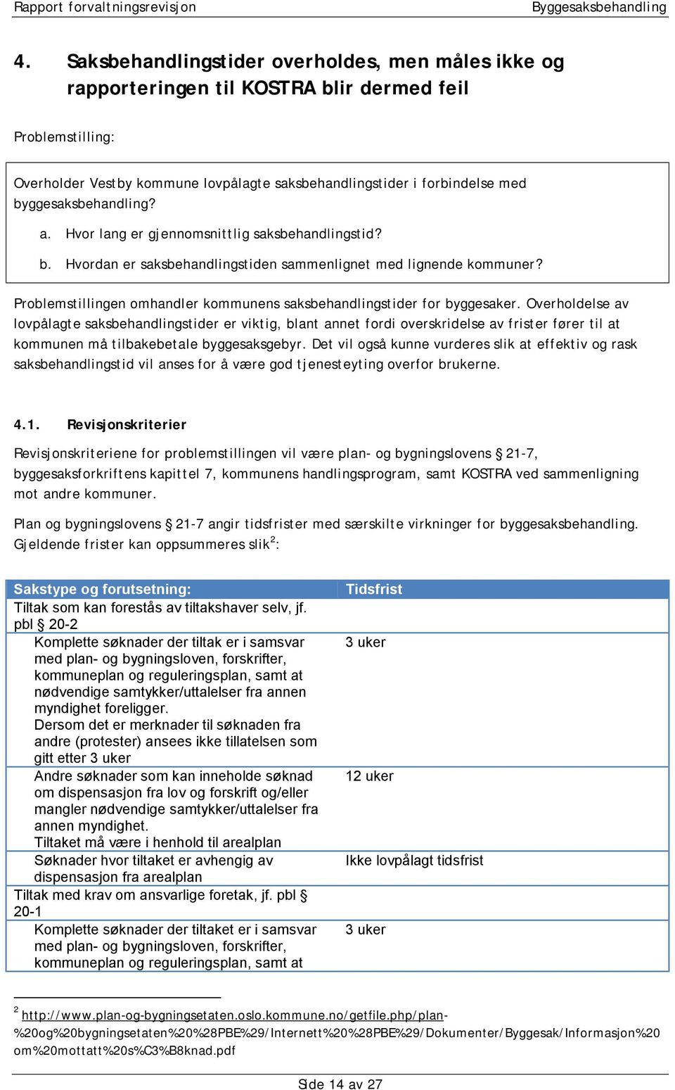 Problemstillingen omhandler kommunens saksbehandlingstider for byggesaker.