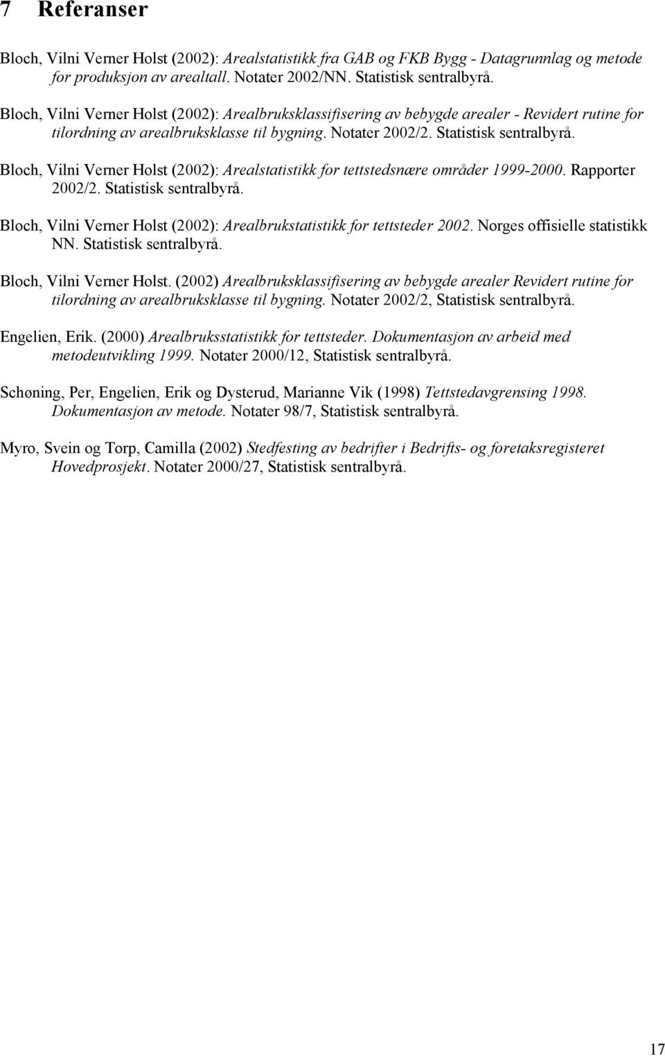 Bloch, Vilni Verner Holst (): Arealstatistikk for tettstedsnære områder 999. Rapporter /. Statistisk sentralbyrå. Bloch, Vilni Verner Holst (): Arealbrukstatistikk for tettsteder.