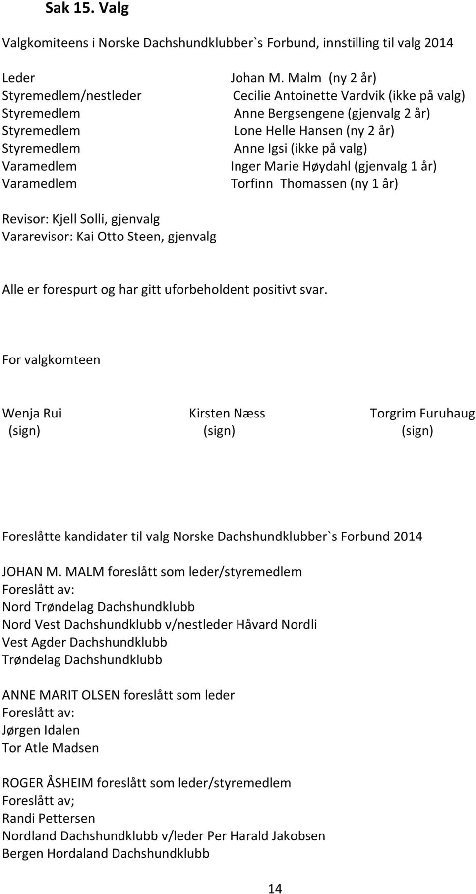 (ny 1 år) Revisor: Kjell Solli, gjenvalg Vararevisor: Kai Otto Steen, gjenvalg Alle er forespurt og har gitt uforbeholdent positivt svar.