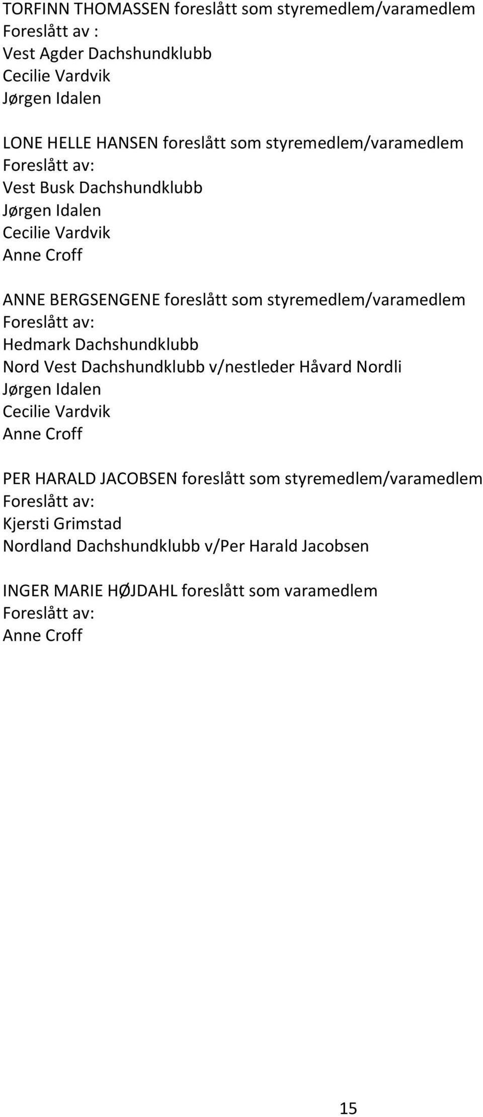 Foreslått av: Hedmark Dachshundklubb Nord Vest Dachshundklubb v/nestleder Håvard Nordli Jørgen Idalen Cecilie Vardvik Anne Croff PER HARALD JACOBSEN foreslått som