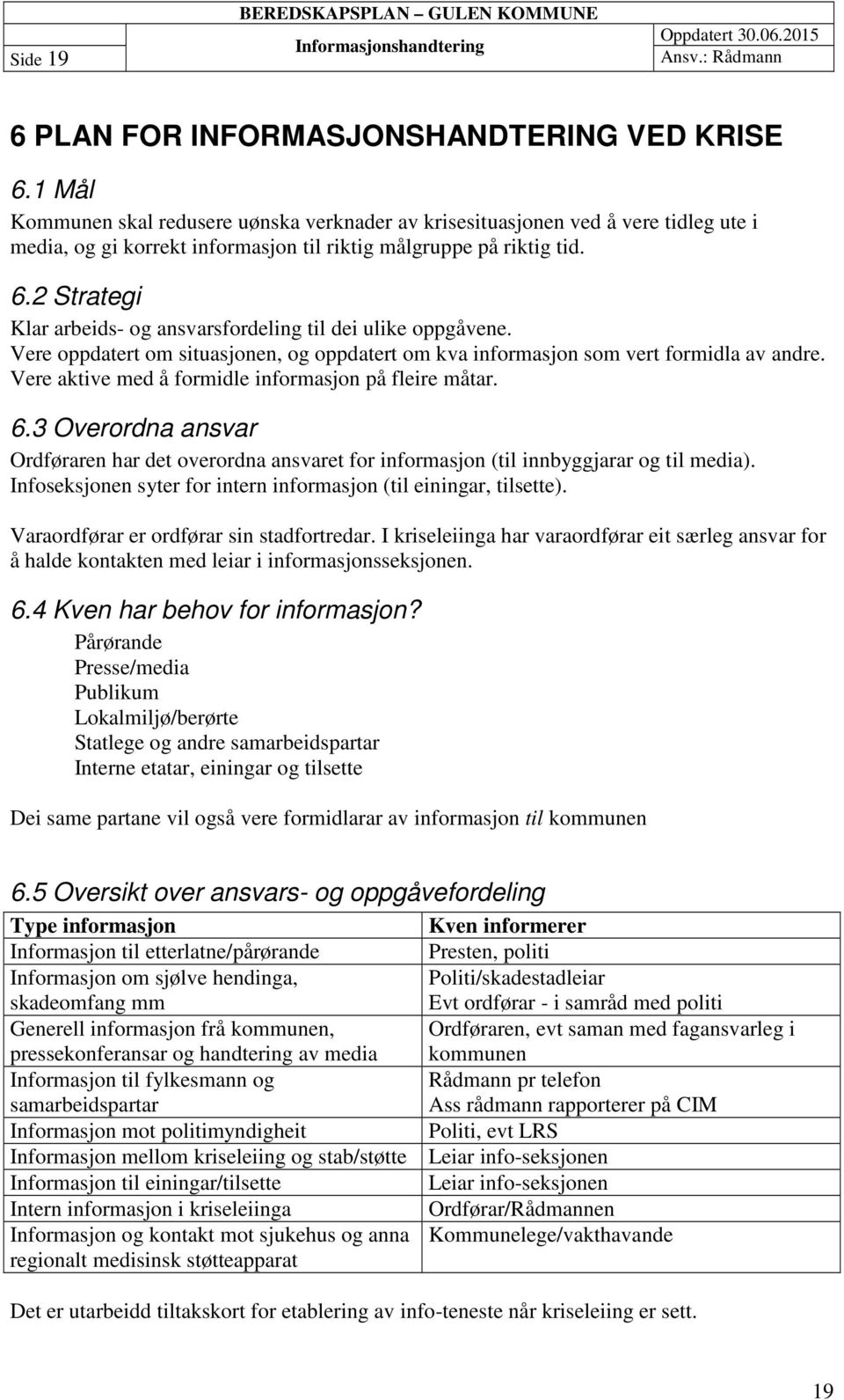 2 Strategi Klar arbeids- og ansvarsfordeling til dei ulike oppgåvene. Vere oppdatert om situasjonen, og oppdatert om kva informasjon som vert formidla av andre.