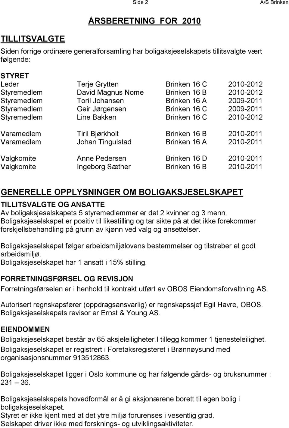 Varamedlem Tiril Bjørkholt Brinken 16 B 2010-2011 Varamedlem Johan Tingulstad Brinken 16 A 2010-2011 Valgkomite Anne Pedersen Brinken 16 D 2010-2011 Valgkomite Ingeborg Sæther Brinken 16 B 2010-2011