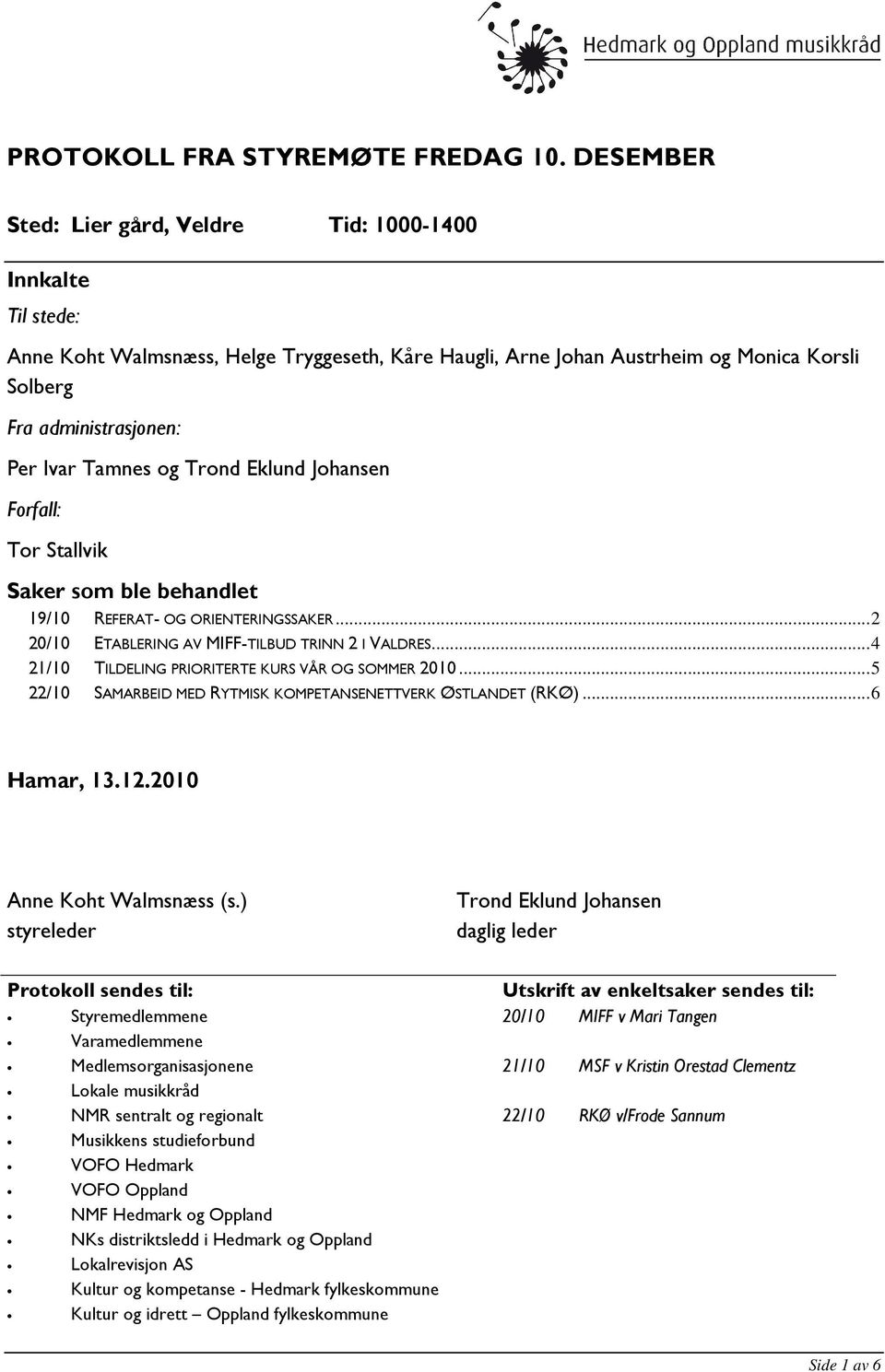 Tamnes og Trond Eklund Johansen Forfall: Tor Stallvik Saker som ble behandlet 19/10 REFERAT- OG ORIENTERINGSSAKER... 2 20/10 ETABLERING AV MIFF-TILBUD TRINN 2 I VALDRES.
