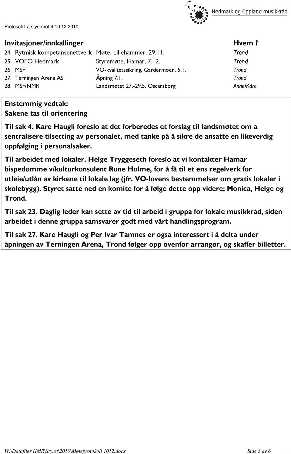 Kåre Haugli foreslo at det forberedes et forslag til landsmøtet om å sentralisere tilsetting av personalet, med tanke på å sikre de ansatte en likeverdig oppfølging i personalsaker.