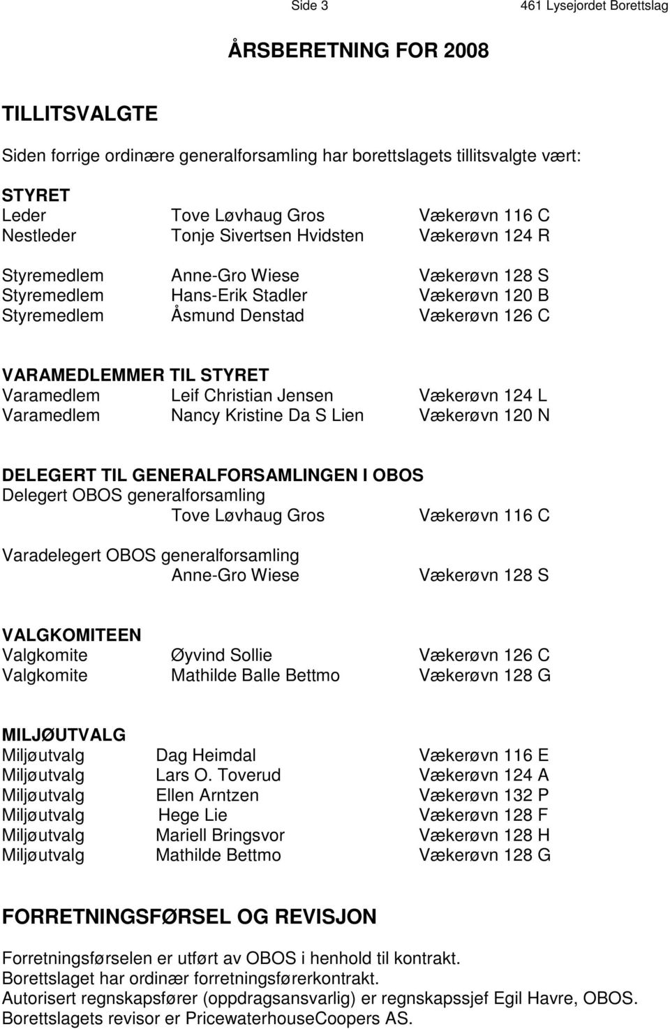 STYRET Varamedlem Leif Christian Jensen Vækerøvn 124 L Varamedlem Nancy Kristine Da S Lien Vækerøvn 120 N DELEGERT TIL GENERALFORSAMLINGEN I OBOS Delegert OBOS generalforsamling Tove Løvhaug Gros