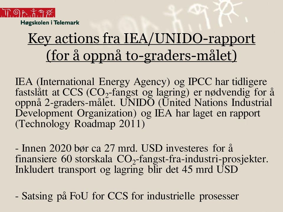 UNIDO (United Nations Industrial Development Organization) og IEA har laget en rapport (Technology Roadmap 2011) - Innen 2020 bør ca