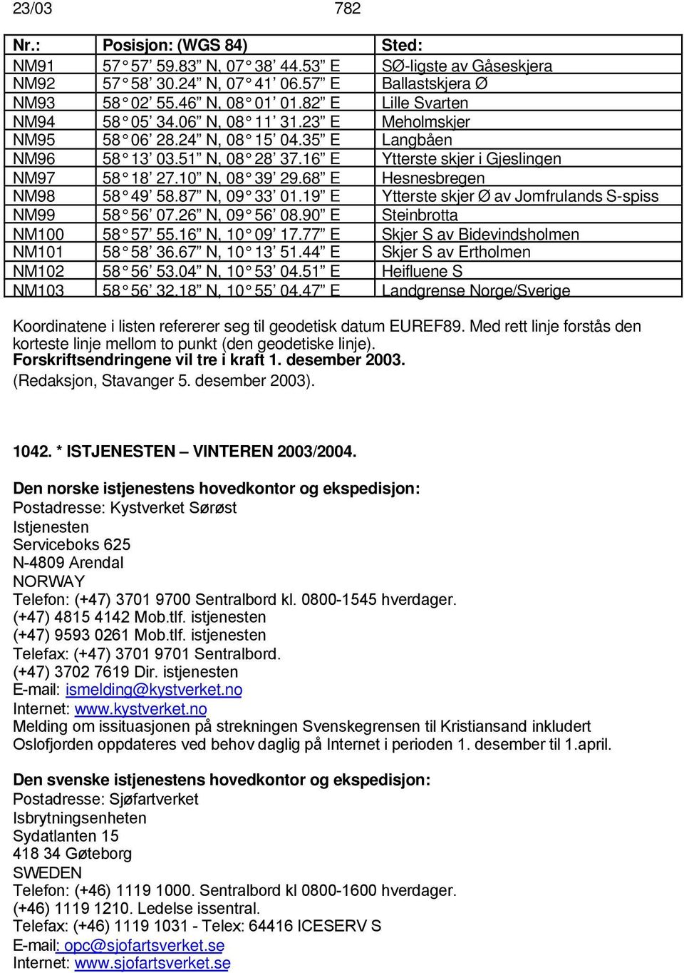 68 E Hesnesbregen NM98 58 49 58.87 N, 09 33 01.19 E Ytterste skjer Ø av Jomfrulands S-spiss NM99 58 56 07.26 N, 09 56 08.90 E Steinbrotta NM100 58 57 55.16 N, 10 09 17.