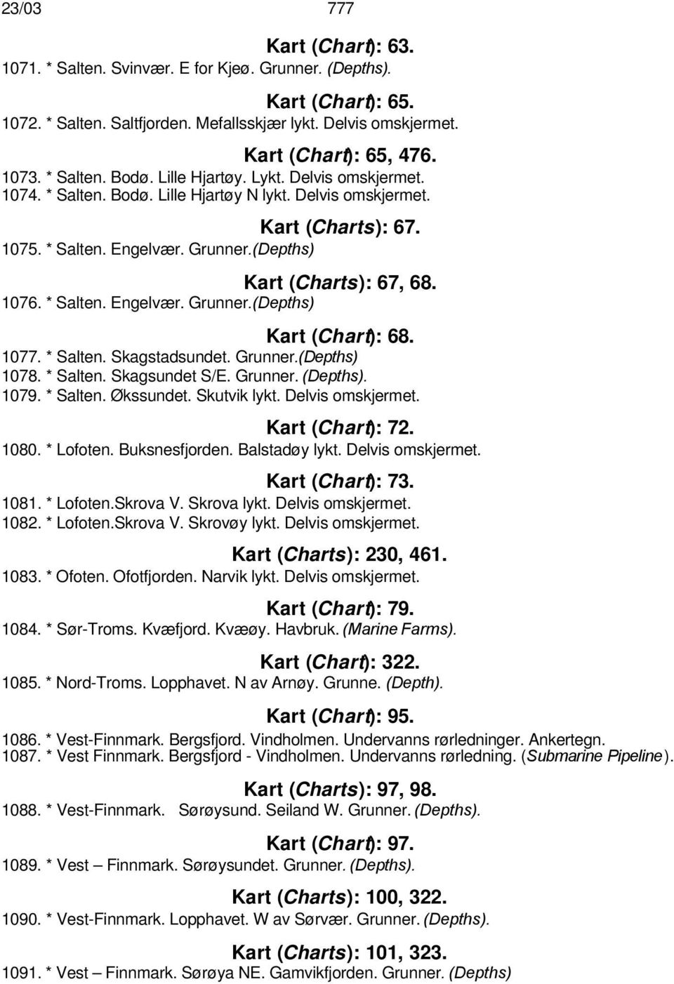 (Depths) Kart (Charts): 67, 68. 1076. * Salten. Engelvær. Grunner.(Depths) Kart (Chart): 68. 1077. * Salten. Skagstadsundet. Grunner.(Depths) 1078. * Salten. Skagsundet S/E. Grunner. (Depths). 1079.