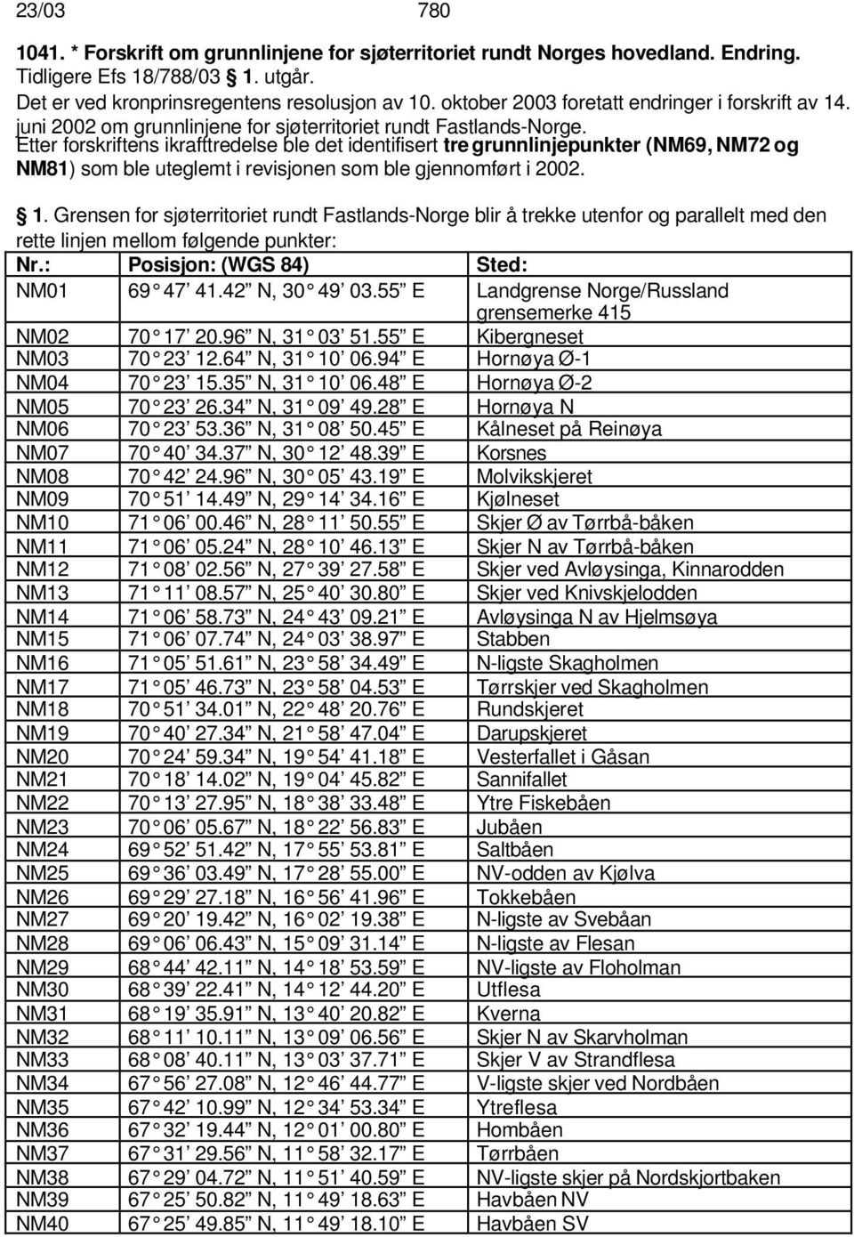 Etter forskriftens ikrafttredelse ble det identifisert tre grunnlinjepunkter (NM69, NM72 og NM81) som ble uteglemt i revisjonen som ble gjennomført i 2002. 1.